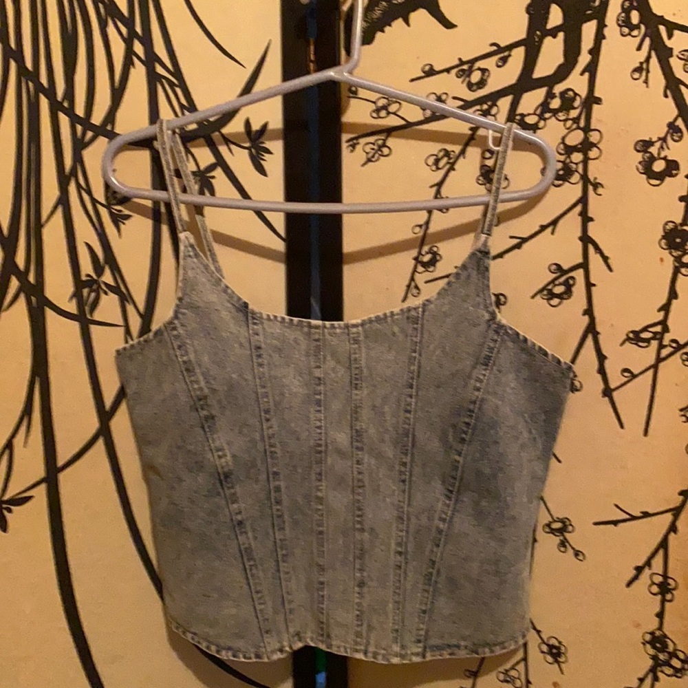 Vigoss Light Wash Blue Denim Bustier Camisole Seamed Spaghetti Strap Corset